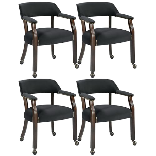 LEEMTORIG Set of 4 Large Dining Chairs with Casters and Arms, Rolling Dining Chairs with Wheels for Elderly, Ergonomic Boss Caption's Chair, 26