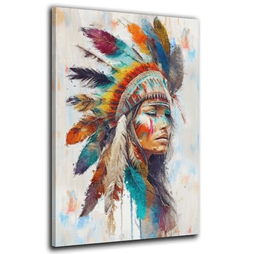 ARTEDinoi Tableau Moderne sur Toile Abstrait Femme Indienne Apache décoration Murale Taille 60x40x2cm
