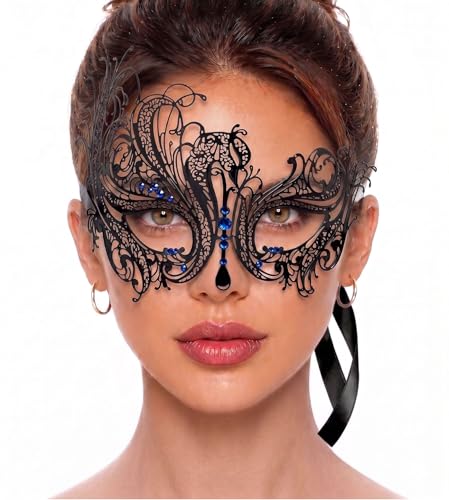 Image of Metal Filigree Masquerade Mask for Women - Swan Style Mask with Rhinestones for Mardi Gras, Prom, Halloween & Venetian Party