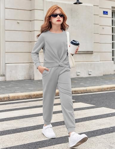 Image of Arshiner Girls 2 Piece Outfits Fashion Twist Front Tracksuit Long Sleeve Pullover Sweatshirt Sweatpants Jogger set Sweatsuit
