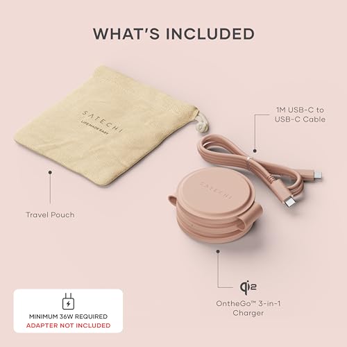 Image of Satechi OntheGo 3 in 1 Wireless Charger, Qi2 Portable Charger with 15W Fast Charging for iPhone 17 to 12 series, 5W for Apple Watch, and 5W for AirPods, Magnetic Travel Charging Station - Desert Rose