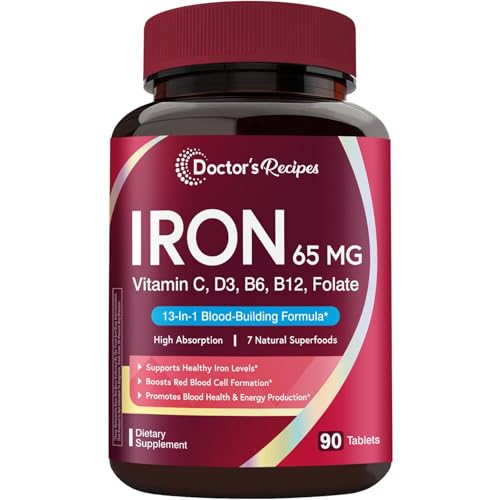 Doctors Recipes Iron Supplement for Women & Men Iron 65 mg with Vitamin C D3 B6 B12 Folate Beet Root Pumpkin Seeds for Energy & Red Blood Cell Support 90 Tablets