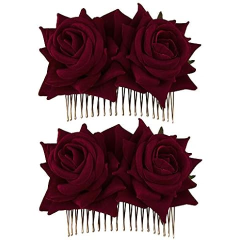 CROWN GUIDE 2-Pack Rose Flower Bridal Hair Combs Women Wedding Hair Accessories Pieces For Brides Flamenco Dancer Hairstyles Burgundy Cover