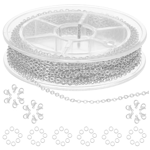 COMNICO Rouleau de chaîne en acier inoxydable de 5 m avec maillons de 2,4 mm pour la fabrication de bijoux, fournitures artisanales DIY avec 20 fermoirs...