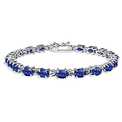 B. Brilliant Sterling Silver Created Blue Sapphire 6X4Mm Oval-Cut Link Tennis Bracelet For Women #TOP27