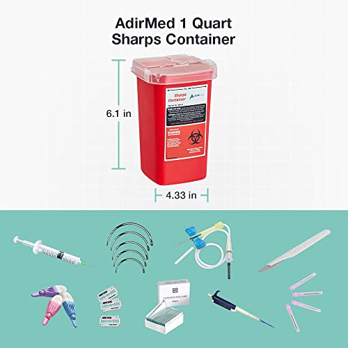 AdirMed Sharps Disposal Container with Flip Open Lid - Biohazard and Syringe Disposal Container - Ideal for Home, Clinic, Office, Barber Use with Flip-Open - (1 Quart, 6-Pack)