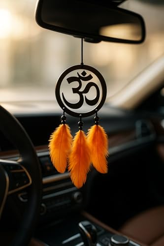 Image of CASSARINA Handmade Dream Catcher Car Ornament - Stylish Rear View Mirror Hanging Accessory - Elegant Car Interior Decoration - Good Luck & Positive Energy Charm (1, Om)