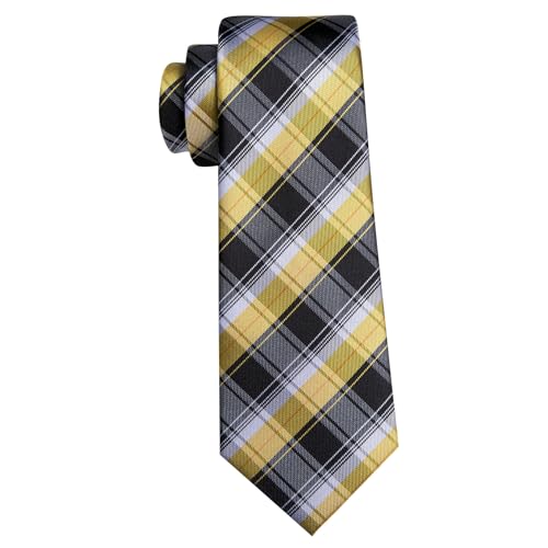 Image of Barry.Wang Man Plaid Ties Silk Check Woven Pocket Square Cufflinks Party Ceremony Yellow