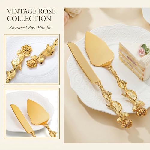 Wedding Cake Knife and Server Set, Gold Vintage Rose Cake Cutting Utensils, Cake Slice Set for Bridal Gift, Cakes Cutter Set for Birthday, Party, Anniversary, Valentine's Day, Pizza, Pie - Image 5