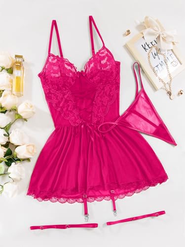 Image of Lilosy Sexy Garter Belt Mesh Lace Babydoll Lingerie Dress Set with Thong