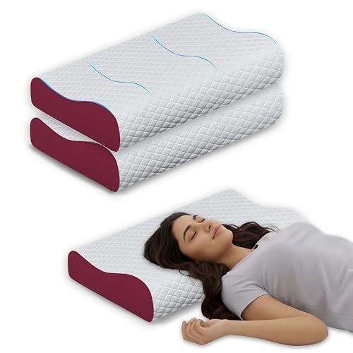 Image of Neck Support Pillow Set of 2, Memory Foam Cervical Contour for Shoulder Pain Relief, Ergonomic Design for Back and Side Sleepers, Breathable Maroon Cover, 60 x 35 x 12 cm