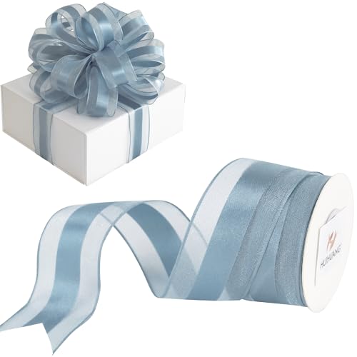 HUIHUANG Dusty Blue Sheer Wired Ribbon with Satin Stripe 1-1/2 Blue Wired Ribbon for Bows Making Wreaths Gift Wrapping Bridal Shower Wedding Decor Thanksgiving Decor-Continous 10 Yards