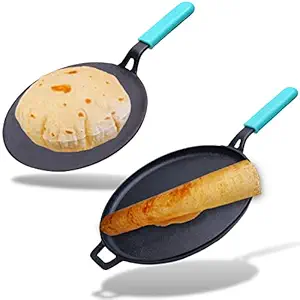 GEMMA Combo of 2, Natural Non Stick Raw Cast Iron Crispy Dosa Flat Tawa N Cast Iron Concave Roti Tawa | Induction N Gas Compatible | Black
