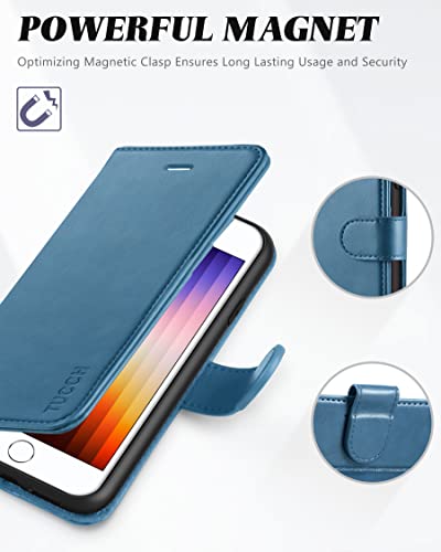 Tucch Case For Iphone Se 2022/Iphone Se 2020/Iphone 8/Iphone 7, Pu Leather Wallet Magnetic Stand Folio With Card Slot Holder, [Tpu Shockproof Inner Case] Compatible With Iphone Se3/7/8/Se2, Lake Blue #TOP6