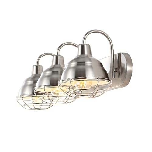 Image of JONATHAN Y Levi 3-Light Vanity 24.5 inch Industrial Metal, Nickel | Farmhouse Rustic Wall Sconce, Caged Bell Shade, Dimmable, Hardwired, UL Listed, LED Bulbs Included