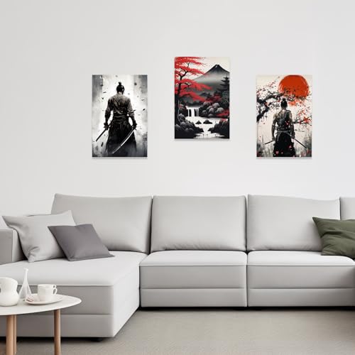 Image of CCWACPP 3 Piece Samurai Wall Art Japan Painting Canvas Print Warrior Figure Pictures Bushido Posters Japanese Culture Theme Artwork Home Room Decor Framed (C, (16 inchx24 inchx3))