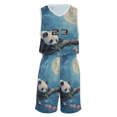 FLildon Moon Night Tree Panda Boys Basketball Jersey Set Tank Top Shorts Tracksuit Sport Training Suit for Kids, XL