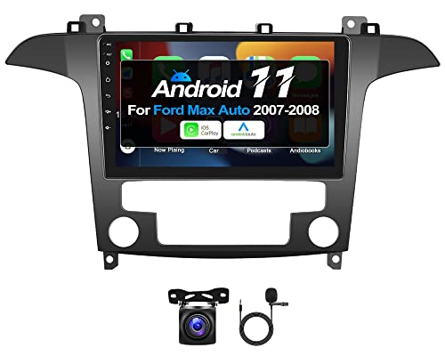 CAMECHO Android 11 Autoradio pour Ford S-Max S Max 2007-2015, Wireless Carplay Android Auto, 9' HD écran Double Din Bluetooth avec GPS HiFi Support FM RDS SWC + AHD Caméra de recul