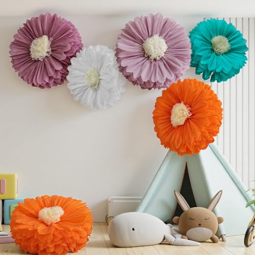 Image of Chunful 5 Pcs 30'' 24'' Giant Boho Tissue Paper Flowers Decoration Handcrafted Large Crepe Hanging Tissue Flower Paper Pom Pom for Baby Shower Birthday Bachelorette Wedding Bridal Shower Party Nursery