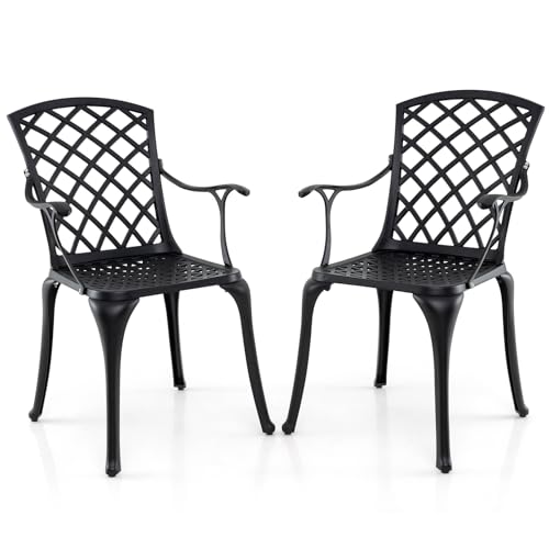 COSTWAY 2er Set Gartenstühle aus Aluminiumguss, wetterfeste Terrassenstühle mit Armlehnen, Balkonstühle für Garten, Balkon, Hinterhof (Schwarz)