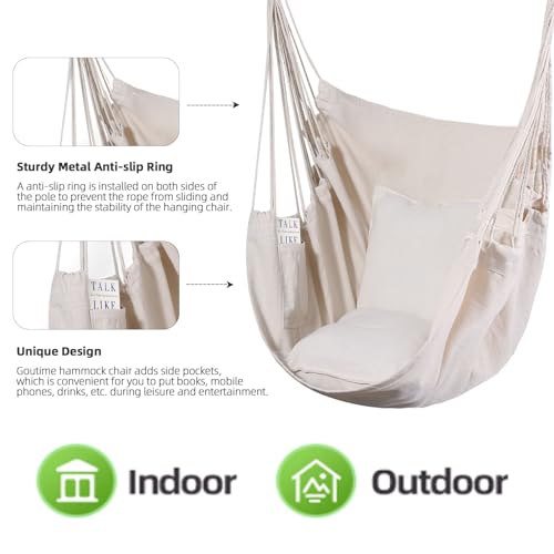 Goutime Hammock Chair, Boho Hanging Rope Ceiling Swing, Macrame Hanging Swinging Chair for Indoor,Outdoor,Bedroom,Outside,Garden,Balcony,Yard,Deck,Max 330 Lbs,Beige - Thumbnail 3