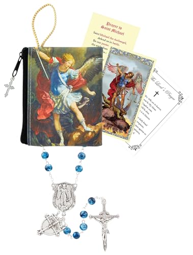 Saint Michael Rosary - Laminated Holy Card, Rosary Pouch, The Lord's Prayer - Blue Glass San Miguel Arcangel Beads, Catholic Cards Set - 4 Items