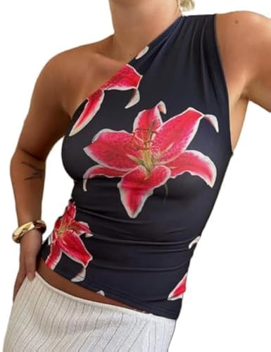 Yassiglia Damen Sommer One Shoulder Oberteil Y2k Floral Gedruckt Tank Top...