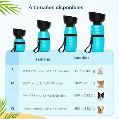 Miniatura 9 de Pecute Botella De Agua Para Perros Con Cuenco De Agua Plegable Azul 850ml Botella De Agua De Silicona De Grado Alimentario Para Perros Gatos, 100 Libre De Fugas De Agua