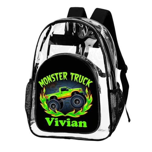 Custom Name Clear Backpack See Through Schoolbag Personalized Monster Truck Black Clear Bookbag PVC Waterproof Transparent Backpack for Kids Back to School Gifts2