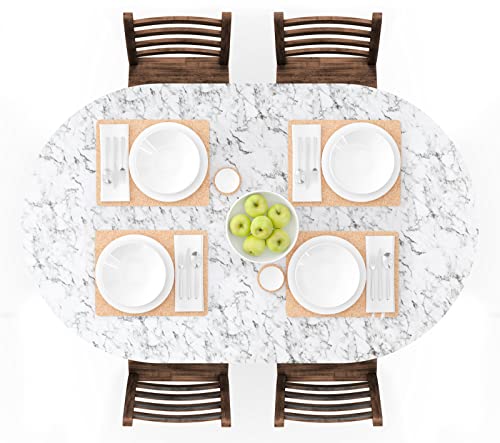 UMINEUX Mantel de Vinilo Ovalado Ajustable con Bordes elásticos y Reverso de Franela, Mantel Ovalado Impermeable, Lavable, se Adapta a mesas de hasta 42 x 68 Pulgadas (mármol Blanco)