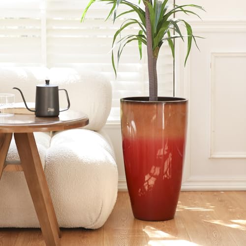 SE SUN-E Outdoor Planter 21" Tall Planters Gardening Pots with Insert Shelf Accessories Weather-Resistant Plastic Flower Pot Front Porch Decor, Tan to Burgundy Gradient by SE SUN-E - Used condition - Image 2