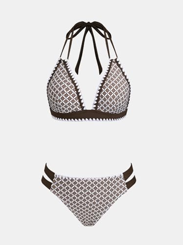 Image of CUPSHE Women's Two Piece V Neck Halter Bikini Sets Stitching Swimsuit | Back Hook,Side Cutout,Cheeky Bottom,Soft Removable Cups,Double Straps,Flattering Bathing Suit For Vacation And Beach