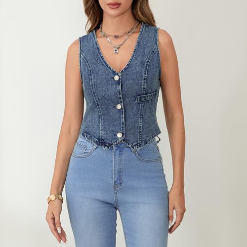 Women Summer Denim Vest Tops Sleeveless V-Neck Button Front Tank Tops Fashion Slim Fit Waistcoat2