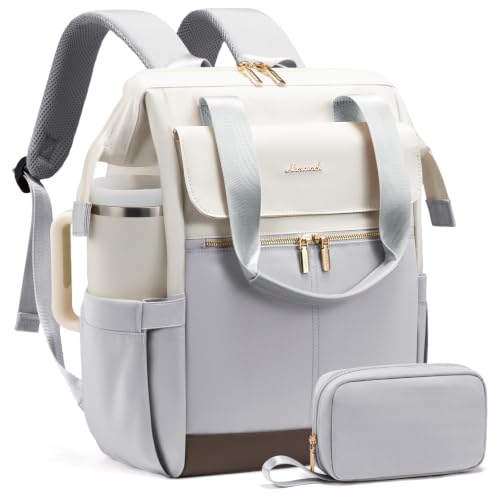 Image of LOVEVOOK Laptop Backpack for Women with Giant Tumbler Holder, 15.6 Inch Work Laptop Bag with USB Port, Fashion Teacher Nurse Backpack Purse, Waterproof Travel Computer Backpack, 2PCS, Beige-Light Grey