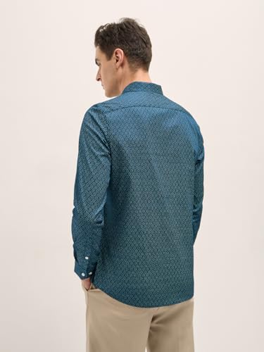 Image of THE BEAR HOUSE Men's Blue Tailored Fit Full Sleeve Cotton Printed Shirt