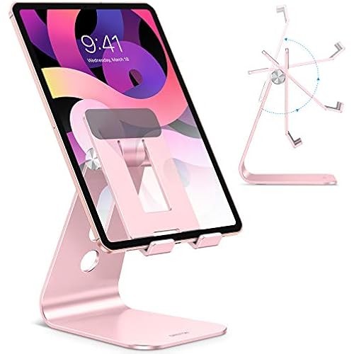 OMOTON Adjustable Tablet Stand for Desk, Upgraded Longer Arms for Greater Stability, T2 Tablet Holder with Hollow Design for Bigger Sized Phones and Tablets Such as iPad Pro/Air/Mini, Rose Gold
