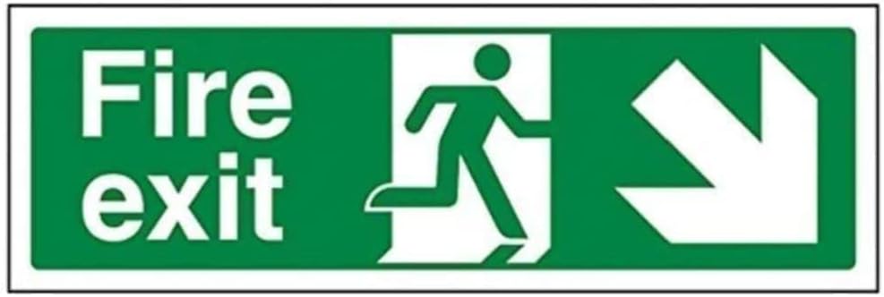 V Safety 14006AX-R Fire Exit Arrow Down Right Sign - Landscape - 300mm x 100mm - 1mm Rigid Plastic, Green