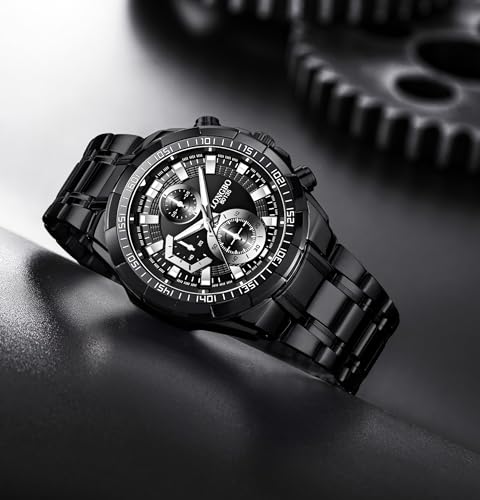 Image of LONGBO Black Business Casual Stainless Steel Decorative Subdials Big Blue Dial Scratch Resistant Waterproof Analog Watch for Men and Boys