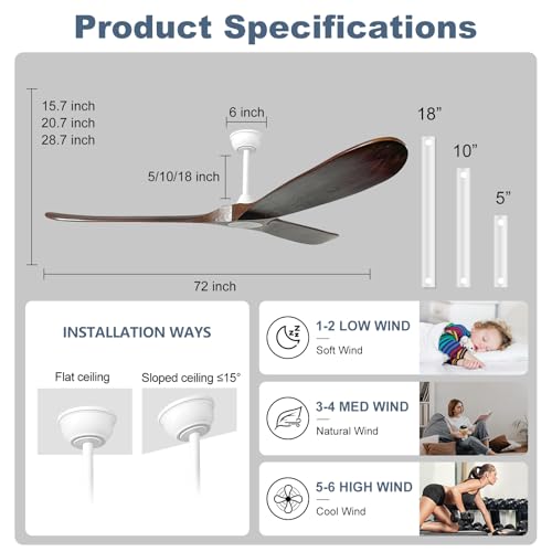 Image of 72'' Outdoor Ceiling Fans without Light,3 Solid Wood Blades with DC Silent and Large Airflow,Modern Ceiling Fan for Bedroom,Living Room,Porch (White+Dark walnut)