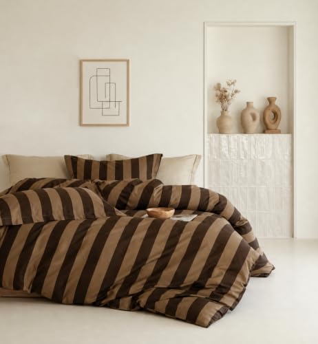 Duvet Cover King, 100% Natural Cotton Vintage Brown & Beige Strip...