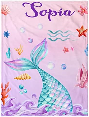Personalized Baby Blanket for Girls with Name Custom Baby Blanket Throw Customized Name Receiving Swaddle Blanket for Infant Newborn Toddler Kid Name Blanket Soft Fleece Blanket(Mermaid)