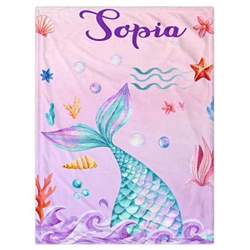 Personalized Baby Blanket For Girls With Name Custom Baby Blanket Throw Customized Name Receiving Swaddle Blanket For Infant Newborn Toddler Kid Name Blanket Soft Fleece Blanket(Mermaid) #TOP11