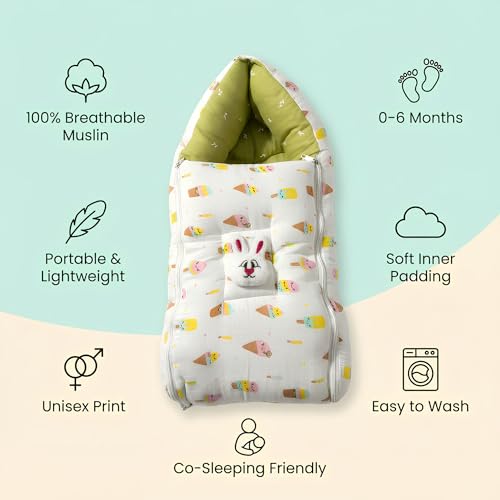 Image of VoiDrop Baby Sleeping Bag for New Born, Muslin Baby Sleeping Bag 0-6 Month for Infant, Washable & Foldable Cotton Design (Olive Green)