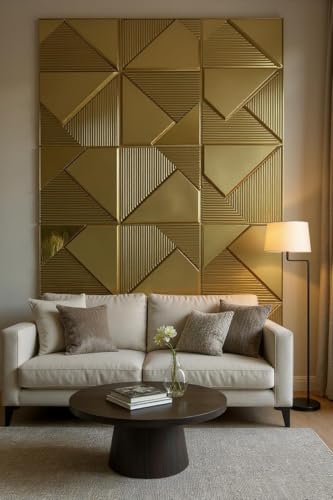 Image of RoseCraft Glossy Golden Geometric Mosaic Wall Panel - Decorative Acrylic Tiles, DIY Easy‑Install Reflective Accent|50cm X 50CM (Pack of 10 pcs)