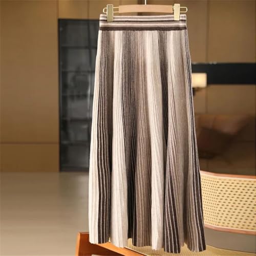 Women Contrast Color Skirts Elastic Waist Merino Wool A-Line Solid Pleated Skirt2