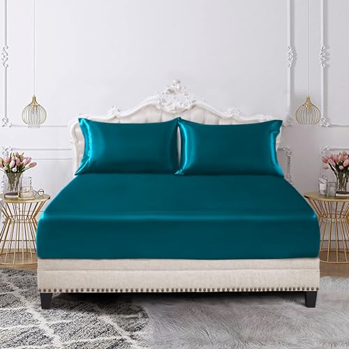 Image of SiinvdaBZX 3-Piece Set Satin Twin Fitted Sheet & 2 Pillowcase, Dark Teal Silky Soft Fitted Bottom Sheet, Wrinkle Free, Fade Resistant, Deep Pocket Bed Sheet (Deep Up to 15 inch)