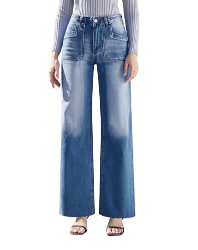 Women’s Wide Leg Jeans High Waisted Stretchy Cut Off Loose Denim Pants