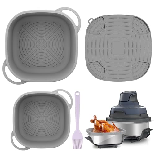 Snuggery FN101GY Silicone Air Fryer Liners for Ninja Crispi Glass Basket – Full-Coverage 4QT 6Cup Reusable Nonstick Dishwasher Safe Mat,with Heat Mat and Oil Brush for Mess-Free Cooking