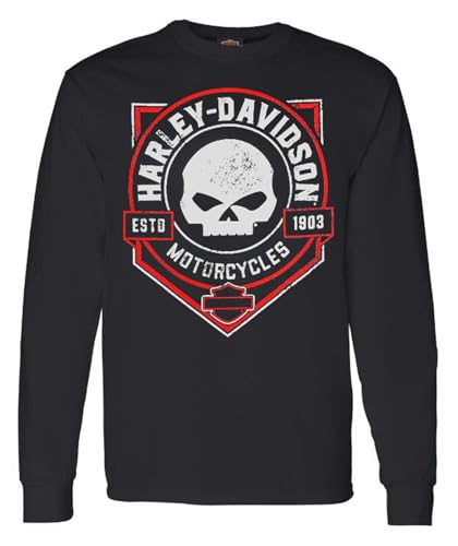Harley-Davidson Men's Distressed Ragged Skull Crew-Neck Long Sleeve Shirt, Black