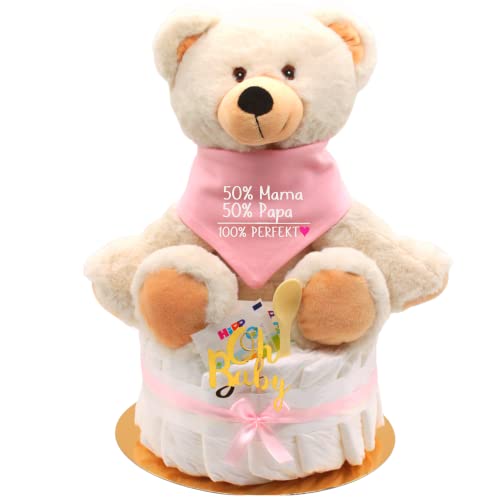 Trend Mama Windeltorte Mädchen Kuschel Bär mit Baby Lätzchen - 50% Mama 50% Papa 100% Perfekt-Baby Geschenk Cover